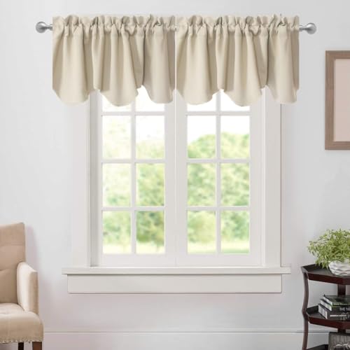 Aquazolax Window Treatments Curtain Valance Rod Pocket Top Scalloped Valance Drapes for Bedroom Windows, 52" Wide x 18" Long, Beige, One Panel - Thumbnail 2