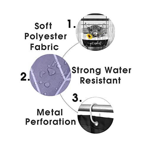 Olebety 4Pcs Funny Highland Cow Shower Curtain Set, Yellow Sunflower Get Naked Bathtub Cattle Bull Animal Black And White Modern Bathroom Decor, Rustic Farmhouse Decor, Non-Slip Bath Mat, Bathing Cow #TOP6