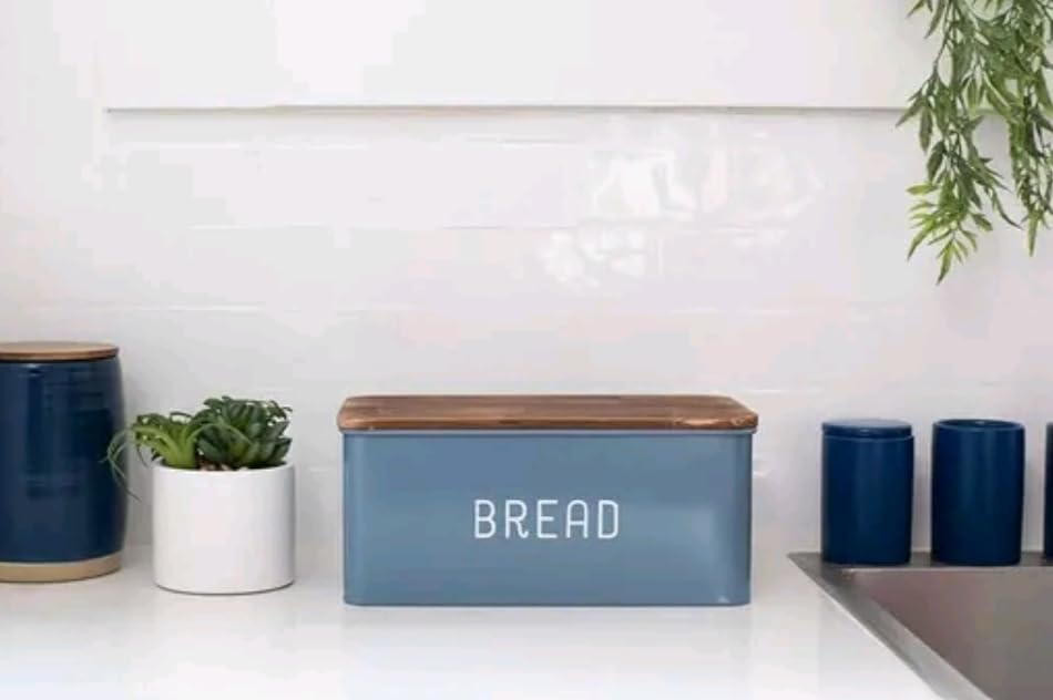 Image of Metal Bread Box Set | Airtight Bread Storange Box For Kitchen Bread Dispenser Food Grade Storage Box with Wooden Lid - 4 litre