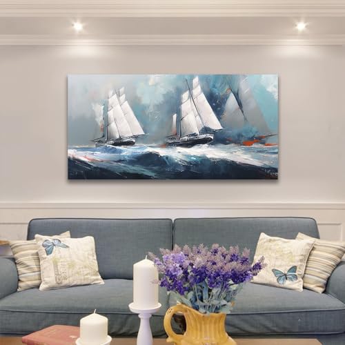 RUISHI Ocean Wall Art For Living Room Abstract Sailboat Canvas Nautical Painting Teal Blue Textured Print Coastal Themed Picture Artwork for Bedroom Bathroom Home Office Decoration 40L x 20W - Image 5