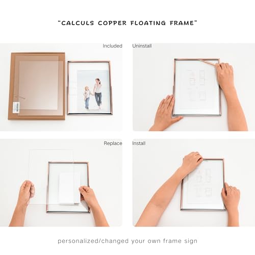 Image of Calculs Wedding Photo Guest Book Sign, 10x12 Copper Floating Picture Frame | Double glass metal frame, fits 8x10 insert, photo guest book station, reusable tabletop frame for signs and photos