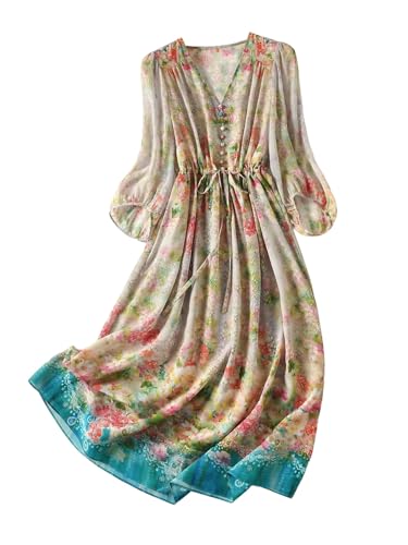Robe en soie HangErFeng 5082 avec manches lanternes rétro pour femme