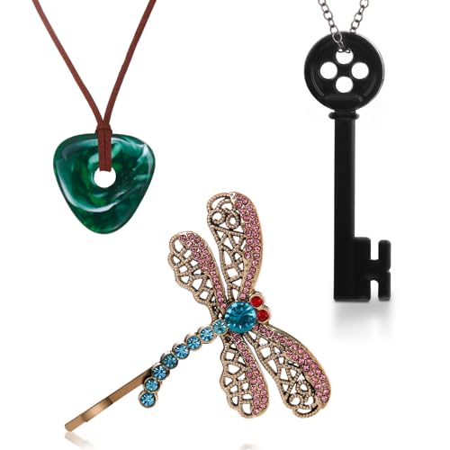 3PCS Coraline Accessories Coraline Necklaces|Key Necklaces|Dragonfly Hair Clip for Women Men, Coraline Jewelry for Halloween Costume Cosplay Movie Props Dress Up