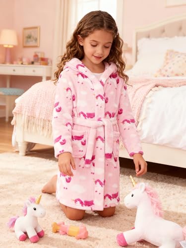 Image of Girls Fleece Hooded Robes, Warm Printed Bath Robe for Kids Soft Fuzzy Bathrobe for Gifts