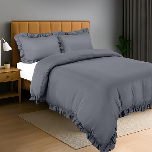 Utopia Bedding Rüsche Bettwäsche 200x200 Set - Mikrofaser Bettbezug 200x200 cm + 2 Kissenbezüge 50x75 cm - Grau