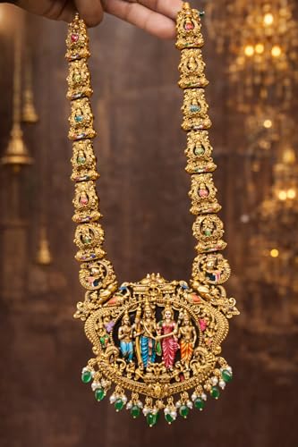 Image of Premium Sita Ramam Temple Jewellery Long Haram Set for Women | Antique Gold Plated Bridal Necklace with Rama Sita Lakshmi Motifs & Pearl Danglers | Traditional South Indian Wedding Jewellery with Matching Earrings