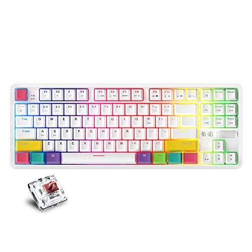 Tidyard AJAZZ K870T BT et Clavier Filaire Double Mode RGB 87 Touches Clavier de Jeu mécanique pour téléphone/Tablette/PC Blanc avec commutateurs Marron OUTEMU