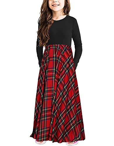 KYMIDY Girls Maxi Dress Kids Buffalo Check Plaid Long Sleeve Casual Dresses with Pockets for Girls 6-14 Years