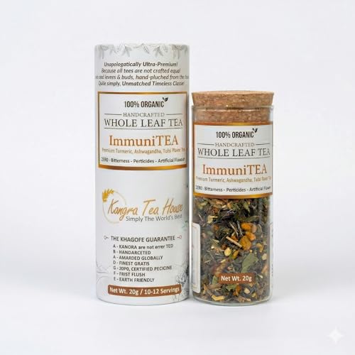 Image of Kangra Tea House Organically Grown Turmeric Ashwagandha Tulsi Green Tea| Stronger Immunity & Improves Respiratory Health (20g = 20 - 30 cups)-Richest Source of Antioxidants- 20g - ImmuniTEA
