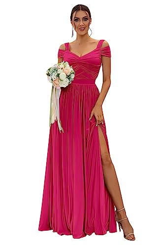 Image of SOLODISH Off The Shoulder Bridesmaid Dresses Long Chiffon Formal Evening Dresses for Women