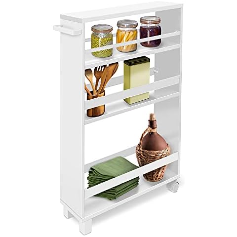 bomoe Storage Cart White Kitchen Cart Hylla - Rolling Cart, Bathroom Shelf and Organizer Shelf - 50x79x15cm - 2 Wheels and 2 Feet for Stabilisation - Narrow Shelf Kitchen Trolley with Drawers Cover