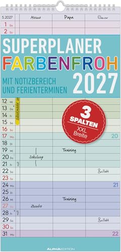 Superplaner Farbenfroh - 3 Spalten 2027: bunter Familienkalender 22x45 cm mit 3 Spalten Schulferien Feiertagen & Notizfeld ideal für Familienorganisation