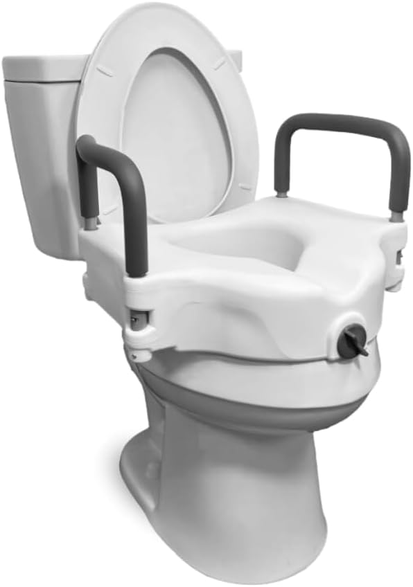 Blue Jay Raised Toilet Seat with Locking Mechanism & Padded Grab bar Handles for Round Toilets | 5 Inch Elevated Elderly & Handicap Elongated Toilet Seat Riser | Fits Most Toilets