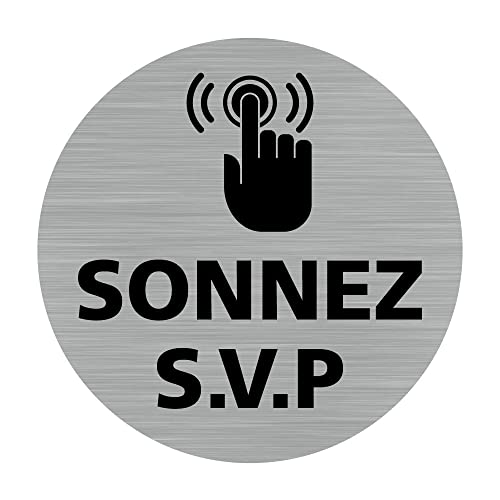 Signalétique.biz France - Plaque de porte Sonnez S.V.P (Q0453) - Diamètre 76 mm - Adhésif aspect aluminium brossé