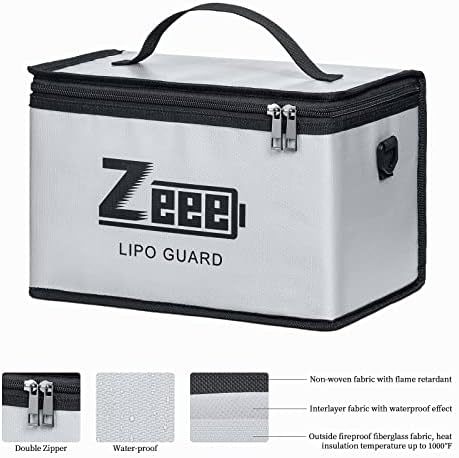 Zeee Lipo Safe Bag Battery Fireproof Bag Large Capacity Storage Guard Battery Safe Pouch for Storage Charging - 10 Cell Adjustable Battery Safe Bag(10.6x6.7x6.7in)