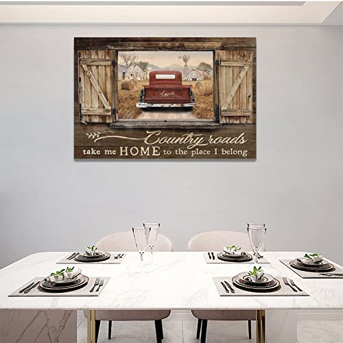 remzoke Farmhouse Wall Art Rustic Truck Pictures Wall Decor Country Old Barn Landscape Canvas Painting Prints Country Roads Take Me Home Modern Artwork Home Decor for Bedroom Living Room 24''x16'' - Image 5