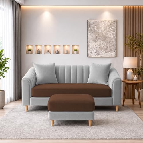 Image of Doraldo 2 Seater Sofa Set with Ottoman for Living Room (Brown Grey) Premium Fabric Sofa