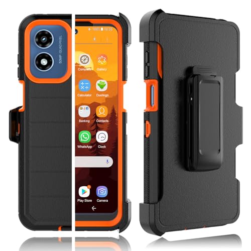 Tekcoo Case for Motorola Moto G Play 2024 [4G Network Only] with [Built-in Screen Protector] Holster Locking Belt Clip [Military Grade 12FT Drop Tested] Full Body Carrying Kickstand Cover [Orange]