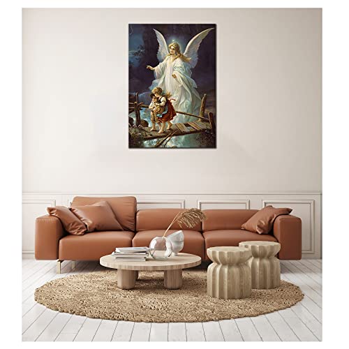 Wall Art Guardian Angel Protecting Children On Bridge Canvas Art Wall Decor Vintage Religious Picture Posters Print Painting For Bedroom Decoration Poster With Frame Ready To Hang(14''Wx20''H) #TOP2