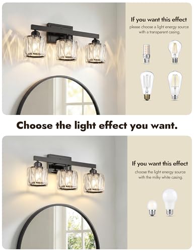 Image of VOLISUN Crystal Vanity Lights for Bathroom, 3 Light Bathroom Vanity Light, Modern Matte Black Bathrooms Light Over Mirror, Black Bathrooms Lights Fixtures-UL Certificated(Exclude Bulb)