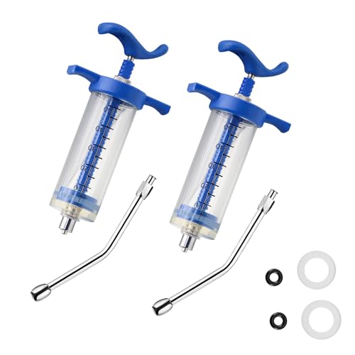 2Pcs Reusable Goats Syringe 2 Drench Nozzle Adjustable Dosage Drench Gun Syringe for Bird Cattle Sheep Goats Horse Pig Dog Supplies Pet Water Filler Tool (M-50ML)