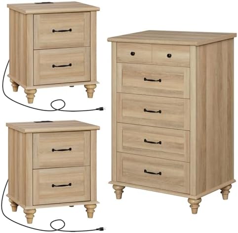 WAMPAT 3 Piece Dresser and Nightstand Sets, Farmhouse Dresser & Chest of Drawers with 5 Drawers & Metal Handle, Set of 2 Nightstands End Table with Charging Staion, 3 Piece Bedroom Set, Oak