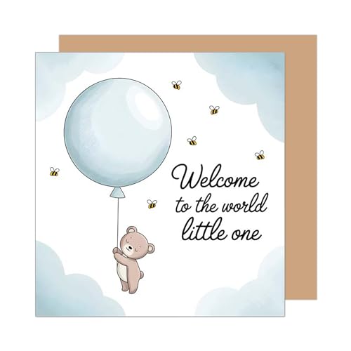Edition Seidel Tarjeta de felicitación de nacimiento cuadrada con sobre, tarjeta de felicitación para bebé con texto en inglés Welcome Baby Kid Teddy Globo (EQ131 SW025)