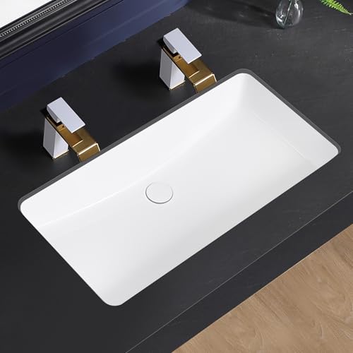 KMOEM Undermount Bathroom Sink 32x17 Inch Small Bathroom Sink White Porcelain Ceramic Bathroom Under Counter Lavatory Vanity Sink Basin Rectangular Undermount Sinks with Overflow by KMOEM - Used condition - US$129.00