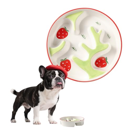 Ceramic Slow Feeder Dog Bowl - Portion Control Feeding Bowl for Medium Dogs - Cute Maze Food Dish for Fast Eaters - 3.1 Cups (310 g) - Doodle Series (Strawberry)