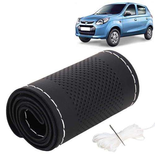 Image of KINGSWAY PU Leatherite Car Steering Cover Sewable Compatible with Maruti Suzuki Alto (Year 2012 Onwards), Black Color with Silver Thread, Pack of 1 with Sewing Needle and Thread