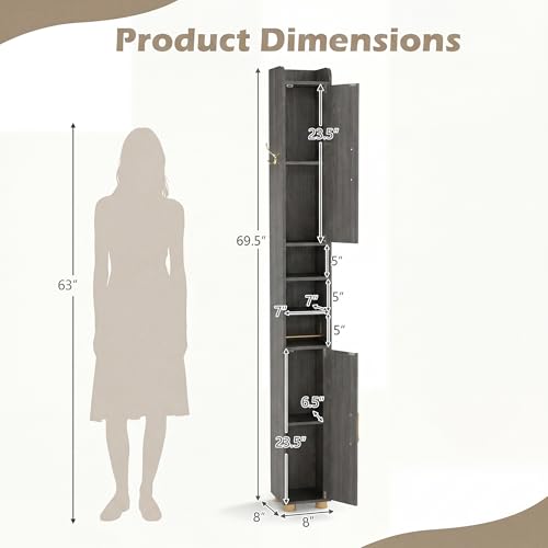Image of Tangkula Narrow Bathroom Cabinet, 69.5 inch Tall Storage with 2 Doors & Adjustable Shelves, Toilet Paper Rod & Side Hook, Anti-toppling Design, Slim Floor Cabinet for Small Spaces (Gray, 1 Pack)
