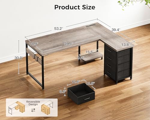 Image of AODK L Shaped Gaming Desk with 4 Drawers, 53 inch Reversible Home Office Desks with Power Outlets, L Shaped Computer Desk with USB Charging Port and Host Stand, Corner Desk, Easy to Assemble, Grey