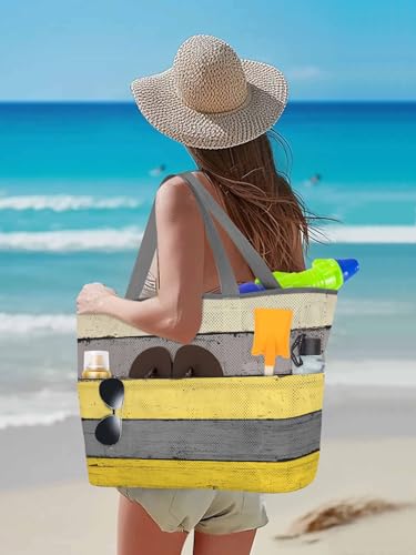 Beach Bags Women Mesh Tote Bag Yellow Grey Gradient Stripe Toy Grocery Pool Bag with Pockets for Travel/Picnic/Shower3