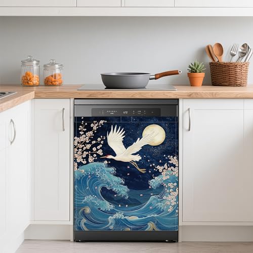 Image of Dishwasher Magnets Decorative Cover,Japanese Crane Refrigerator Magnet Cover,Washable Blue Sea Wave Pink Flowers Dishwasher Front Panel Cover Home Kitchen Decoration 23x26 Inch