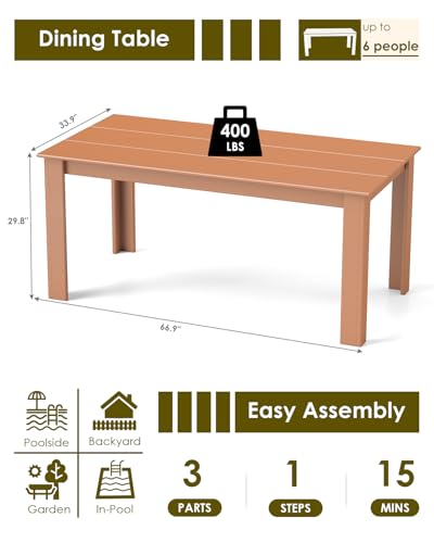 Image of GREENVINES Outdoor Dining Table | 67'' | HDPE | Rectangle Tables for 6 | All-Weather | Umbrella Hole | Patio Furniture | for Poolside Backyard Garden | Teak