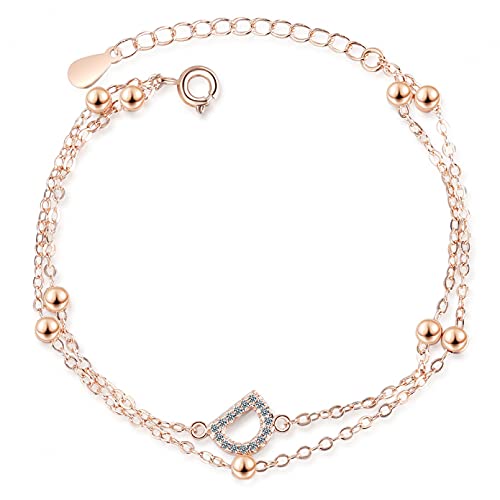 Bracelet Femme Argent 925 Anti-Noircissement à Double Chaîne Zircon et Lettre D