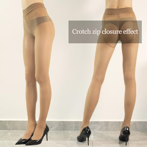 HTRUIYA 2 Pairs Shiny Pantyhose for Women 8D Sheer Tights Oily Gloss Pantyhose Invisible Zip Tights Smooth Stockings2