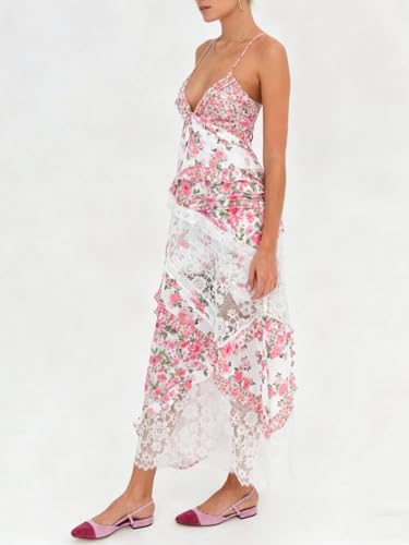 Image of Women Y2k Floral Smocked Maxi Dress Bow Tie Shoulder Tiered Ruffle Midi Sun Dress Boho Casual Beach Long Dresses
