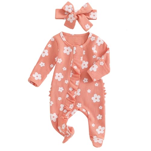 Image of Ayalinggo Newborn Baby Girl Fall Winter Outfits Clothes Knit Jumpsuit Ruffle Romper Newborn Coming Home Outfit for Baby Girl