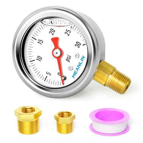 MEANLIN MEASURE 0~30Psi Stainless Steel 1/8" NPT 1.5" FACE DIAL, Glycerin Filled Pressure Gauge, Liquid Filled, Water Oil Air, Lower Mount, with 1/4" NPT and 3/8" NPT Hex Bushing