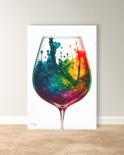 Tableau abstrait contemporain peinture colorée éclaboussures verre à vin 70x100cm