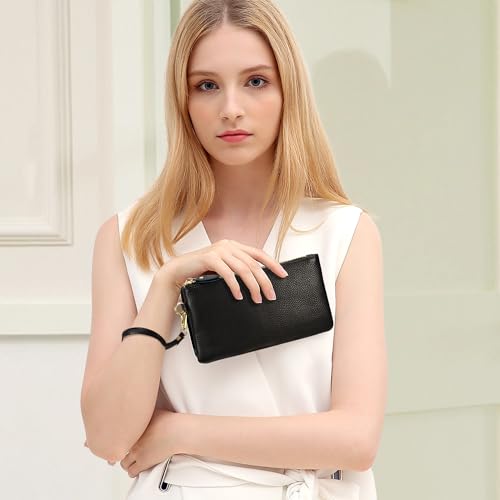 Image of YALUXE Genuine Leather Wristlet Handbags Purses Cell Phone Pocket Clutch Wallet Crossbody Bags for Women