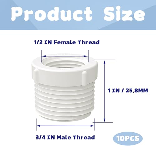 Dianrui 10PCS PVC Pipe Fitting 3/4 Inch Male Thread to 1/2 Inch Female Threaded PVC Pipe Bulk Fittings Reducer Bushing Coupling Pipe Adapter Connectors - Thumbnail 2
