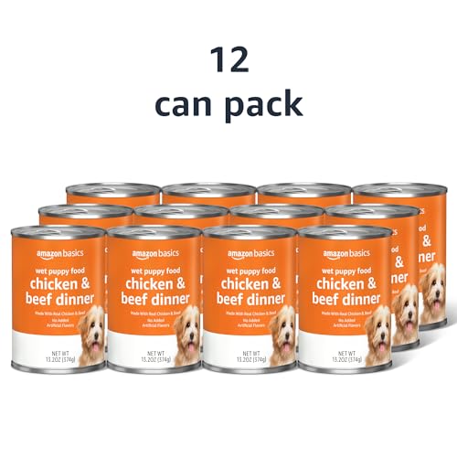 Image of Amazon Basics Puppy Chopped Ground Dinner Canned Dog Food, with Chicken & Beef, 13.2oz (Pack of 12)