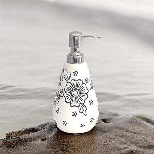 Image of Ceramic Soap Dispenser 330ml (Set of 1) | Multipurpose Liquid Soap, Lotion & Hand Wash Pump Bottle for Bathroom & Kitchen | White Flower Design
