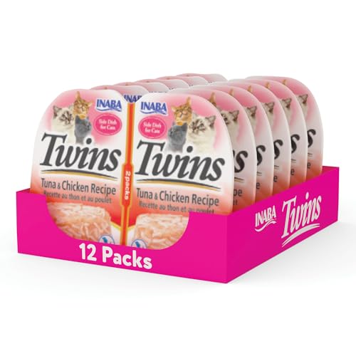 INABA Twins for Cats, Side Dish/Topper Cups, 1.23 Ounces per Serving, 12 Servings, Tuna & Chicken Recipe