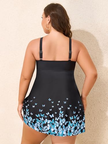 Women's Plus Size Tankini Swimsuits Mesh Two Piece Swim Dress Criss Cross V Neck Swimwear with Briefs2