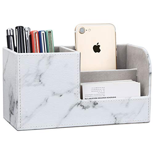 KINGFOM Desk Organizer Office Supplies Caddy Pu Leather Multi-function Storage Box Pen/Pencil,Cell phone, Business Name Cards Remote Control Holder Gray Marble - Thumbnail 2