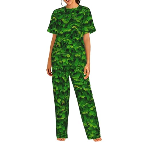 Pyjama léger à manches courtes pour femme en imprimé feuilles vertes confortable