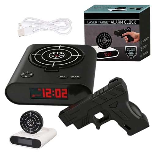 Zielwecker mit Pistole, digitaler Schießspiel-Wecker für schwere Schläfer, LED-Anzeige, Weckuhr mit Aufnahme, Laser-Pistole, Zielübung für Schlafzimmer, lustige Gadget-Geschenke (Schwarz)